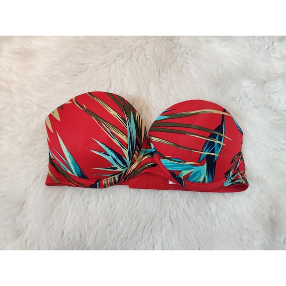 Pink Victoria's Secret Women's Red Printed Strapless Push Up Bikini Top Size 32C - Picture 1 of 3